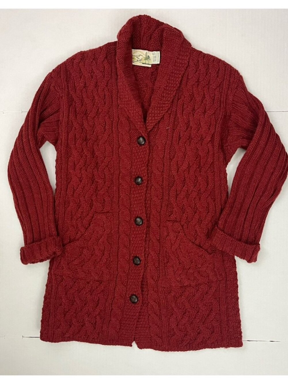 Aran Crafts Alpaca Merino Wool Cardigan Sweater Belted Button Long Cable Knit
